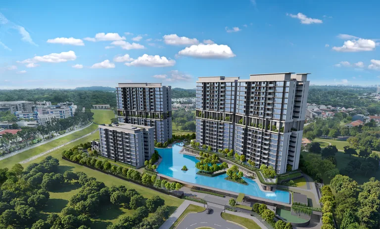 Lentor Gardens Residences, artist&rsquo;s impression: an aerial view by day of the three 16-storey towers and the 8-storey block around a long blue pool, framed by the trees of Lentor Hills and the future Hillock Park