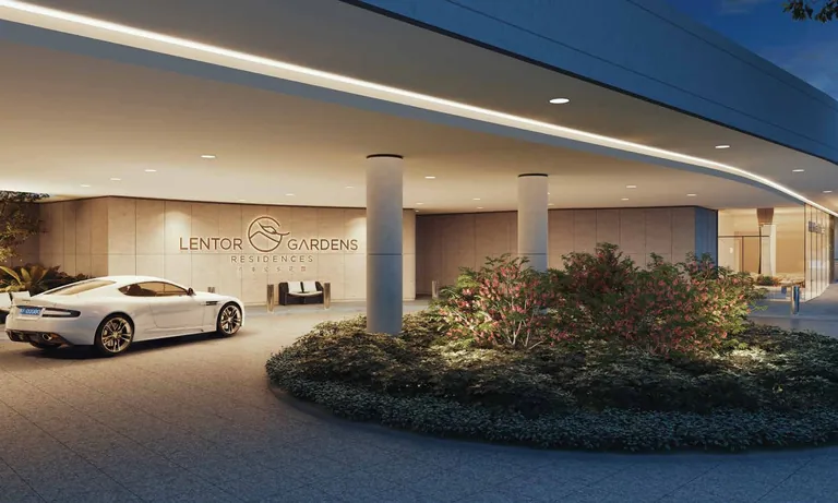 Lentor Gardens Residences, artist&rsquo;s impression: the covered drop-off porch with a curved canopy, a planted island and the Lentor Gardens Residences name on the lobby wall