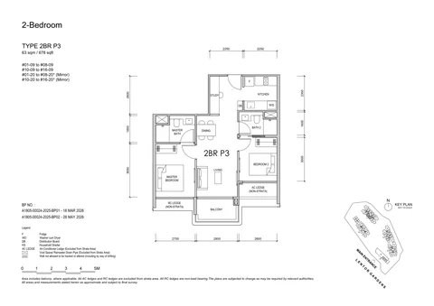 Lentor Gardens Residences floor plan, Type 2BR P3 (2-Bedroom Premium): 2 bedrooms, 63 sq m (678 sq ft), 30 homes, Block 74, stacks 09 and 20, 1st to 16th storey (developer drawing with key plan)