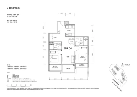 Lentor Gardens Residences floor plan, Type 2BR S4 (2-Bedroom + Study): 2 bedrooms + study, 68 sq m (732 sq ft), 15 homes, Block 74, stack 19, 1st to 16th storey (developer drawing with key plan)