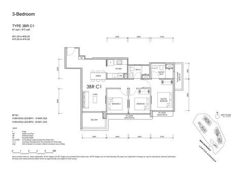 Lentor Gardens Residences floor plan, Type 3BR C1 (3-Bedroom Compact): 3 bedrooms, 81 sq m (872 sq ft), 15 homes, Block 76, stack 28, 1st to 16th storey (developer drawing with key plan)