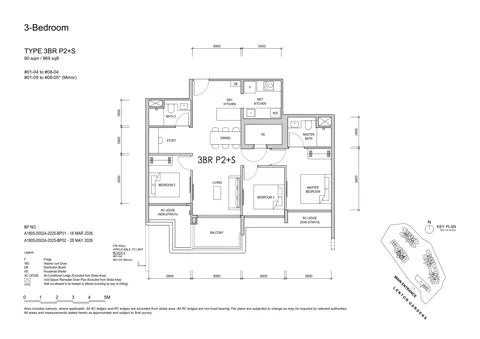 Lentor Gardens Residences floor plan, Type 3BR P2+S (3-Bedroom Premium + Study): 3 bedrooms + study, 90 sq m (969 sq ft), 16 homes, Block 66, stacks 04 and 05, 1st to 8th storey (developer drawing with key plan)