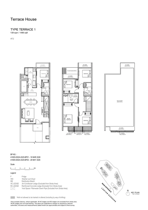 Lentor Gardens Residences floor plan, Type Terrace 1 (Strata Terrace House): 5 bedrooms, 139 sq m (1,496 sq ft), 1 home, No. 72 Lentor Gardens (developer drawing with key plan)