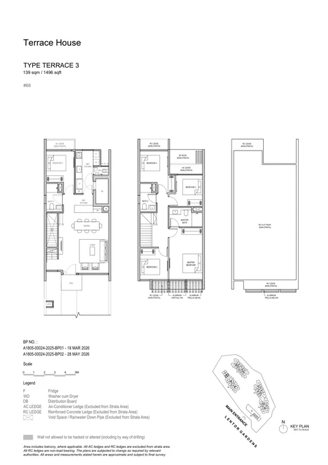 Lentor Gardens Residences floor plan, Type Terrace 3 (Strata Terrace House): 5 bedrooms, 139 sq m (1,496 sq ft), 1 home, No. 68 Lentor Gardens (developer drawing with key plan)