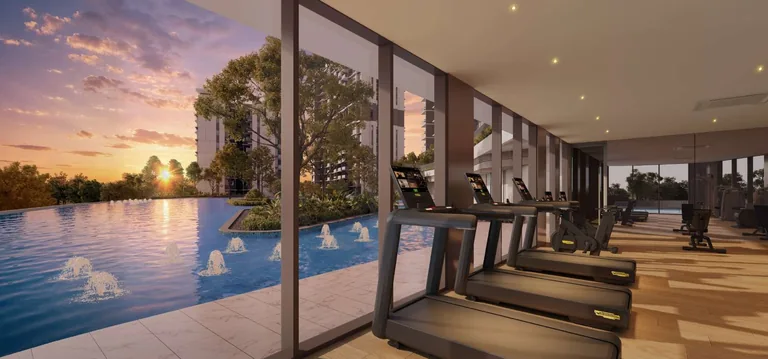 Lentor Gardens Residences, artist&rsquo;s impression: the gym at sunset, treadmills along a full-height glass wall looking out over the pool and its fountains