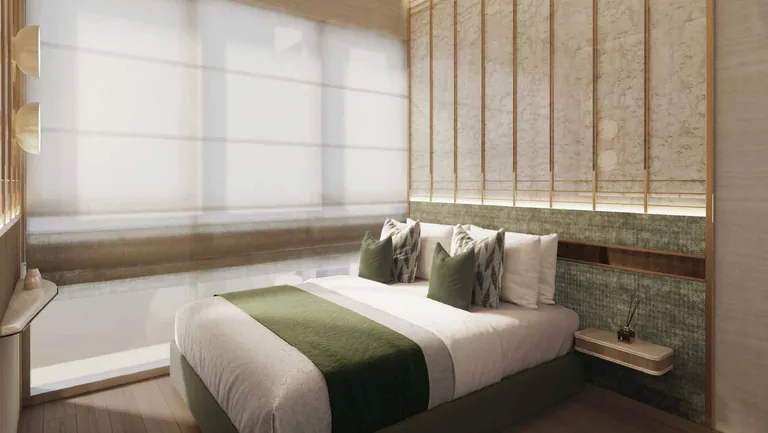 Lentor Gardens Residences, artist&rsquo;s impression: a master bedroom with a wide bed, timber headboard panelling and a full-height window with blinds