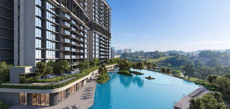 Lentor Gardens Residences, artist&rsquo;s impression: the pool deck by day, a wide lagoon pool curving away from the tower towards the trees and the landed homes of Lentor