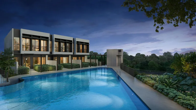 Lentor Gardens Residences, artist&rsquo;s impression: the three two-storey strata terrace houses at dusk, set behind a garden strip along the long 75-metre pool, with trees behind
