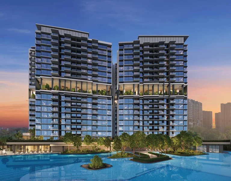 Lentor Gardens Residences, artist&rsquo;s impression: two of the 16-storey towers at sunset, the sky terraces lit on the ninth storey and the pool with planted islands in front